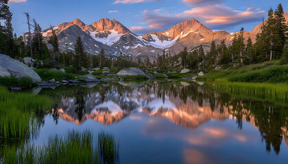 Naklejka premium Nature Bliss: A serene mountain landscape with a lake reflecting the snowy peaks at sunrise