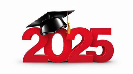 A vibrant red design that represents the year 2025. Positioned on top of the number '2025' is a graduation cap, symbolizing education or a graduation event. The cap is black with a gold tassel