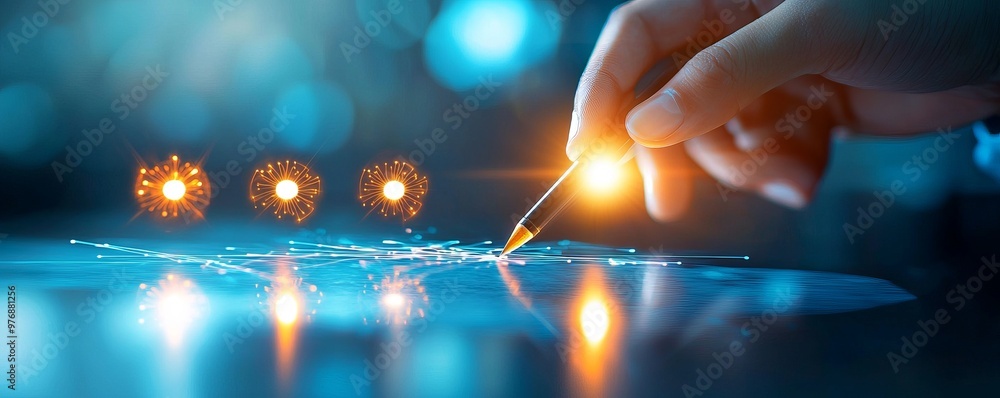 Poster a hand delicately interacts with a glowing surface, creating sparks of light and innovation in a fut