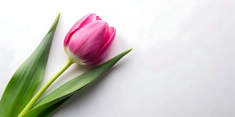 Naklejka premium Single pink tulip with green stem and leaves isolated on background, tulip, pink, flower, green, stem, leaves, isolated,background