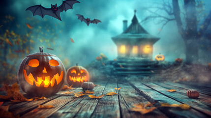 Halloween Pumpkins, Bats, and Eerie Cottage in Fog