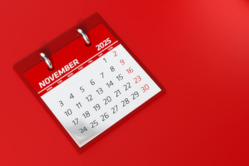 November 2025 Calendar. Isolated on Red Background. 3d Rendering