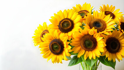 Fototapeta premium Bouquet of vibrant sunflowers against a white background, sunflowers, bouquet, yellow, vibrant, flowers, nature