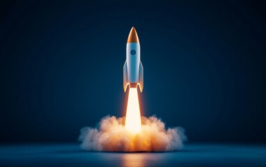 A modern rocket launch against a dark blue background, showcasing dramatic smoke and fire effects symbolizing space travel.