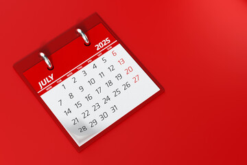 July 2025 Calendar. Isolated on Red Background. 3d Rendering