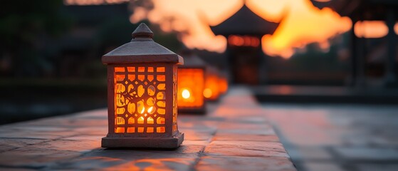A serene evening scene featuring illuminated lanterns casting warm light, set against a beautiful sunset backdrop.