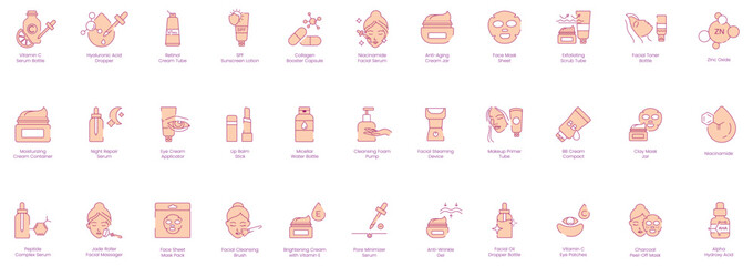 Comprehensive Facial Care Icons: Vitamin C, Hyaluronic Acid, Retinol, SPF, Collagen, Niacinamide, Anti-Aging, Face Mask, Exfoliating, Facial Toner, Zinc Oxide, Moisturizing, Lip Balm, Cleansing Foam 
