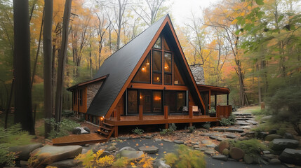 A triangle cabin in the woods for autumn holidays