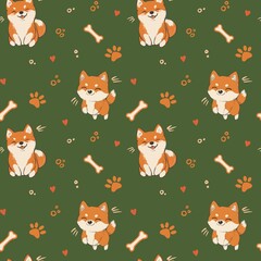 Chinese Shiba Inu Dog Seamless Pattern