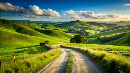 Scenic countryside landscape with a winding dirt road through rolling green hills under a clear sky, scenic