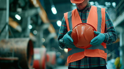 Construction Worker Holding Safety Helmet in Industrial Setting