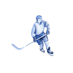 Fototapeta premium hockey player with stick in motion, skating on the ice during the match, hand drawn watercolor sketch of ice sport theme, illustration on white background, for hockey decoration