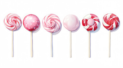 Pink swirl lollipop on a stick, twisted candy in watercolor style, isolated on a white background.
