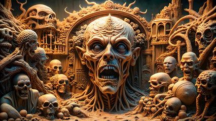 Obraz premium Clay sculpture of futuristic horror scene with intricate details , futuristic, horror, clay, sculpture, advanced technology