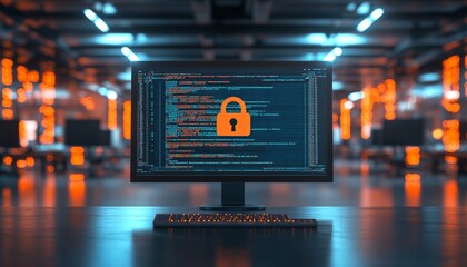 Cybersecurity. Secure Computer With Lock Icon And Program Code On The Screen In Data Center