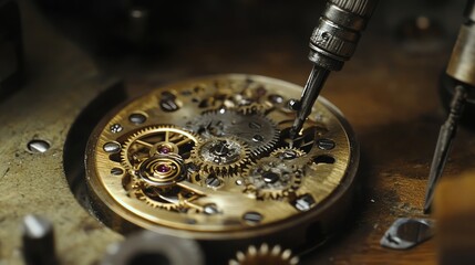 A close up of a watchmaker using a screwdriver to work on a watch mechanism.