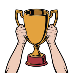Hands Raising a Shiny Gold Cup High Illustration