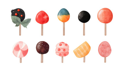 Rainbow swirl lollipop on a stick, twisted candy in watercolor style, isolated on a white background.
