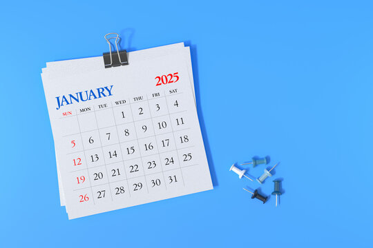 January 2025 Calendar and Thumbtacks on Blue Background. 3d Rendering