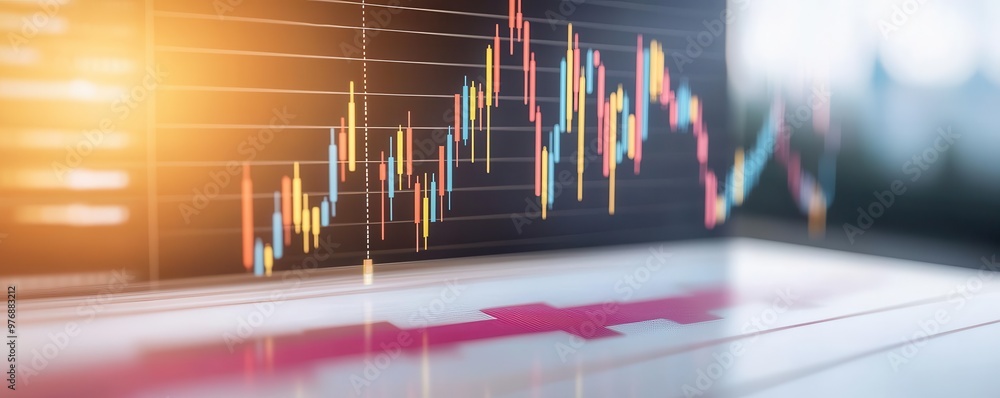 Poster a visualization of stock market trends with colorful graphs and indicators highlighting financial da