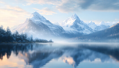 Nature Bliss: A serene mountain landscape with a lake reflecting the snowy peaks at sunrise