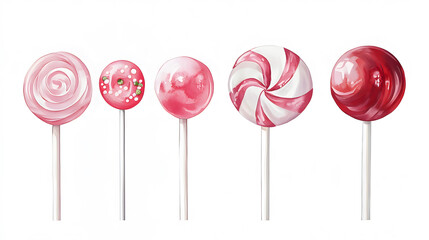 Pink swirl lollipop on a stick, twisted candy in watercolor style, isolated on a white background.
