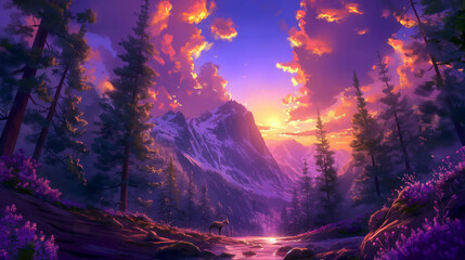 Vibrant Sunset Over Forest with Silhouetted Trees