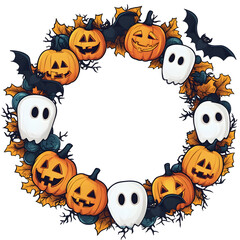 Fototapeta premium Cute Halloween Wreath with Pumpkins Ghosts and Bats Cartoon