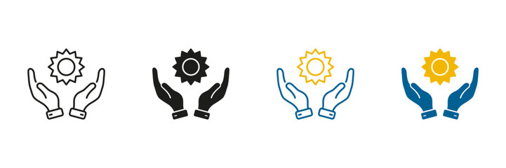 Solar Ecological Energy Line and Silhouette Icon Set. Human Hands Hold Sun. Ecology and Nature Sign. Environmental Care Pictogram. Editable Stroke. Isolated Vector Illustration