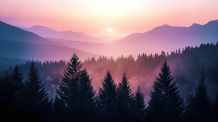 Vibrant Sunset Over Forest with Silhouetted Trees