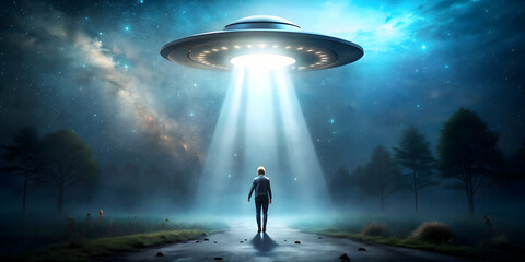 Alien abduction scene with bright light shining down on terrified human, Alien, abduction, space, extraterrestrial