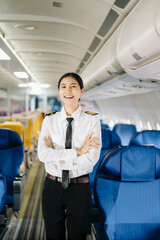 Asian Confident male pilot in uniform leaning at the passenger seat while standing inside of the...