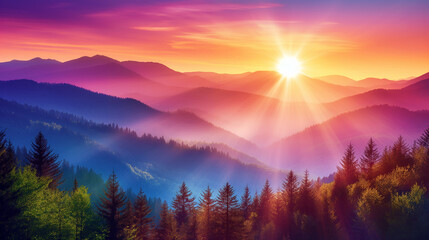 Vibrant Sunset Over Forest with Silhouetted Trees