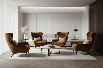 Fototapeta premium Modern Minimalist 3D Illustration of a Chic Armchair Setup in a Contemporary Living Space