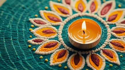 A beautiful candle placed on a vibrant mandala mat, creating a soothing and enchanting atmosphere for relaxation and reflection.