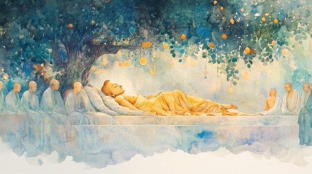 The Buddha&rsquo;s parinirvana under a Sala tree, with the Buddha lying peacefully and mournful disciples surrounding him, depicted in watercolor style.