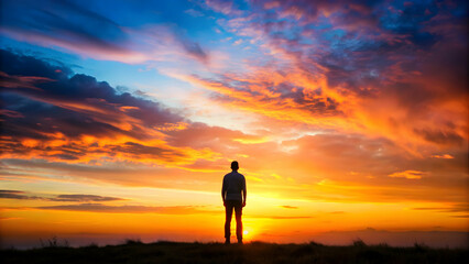 Obraz premium Silhouette of a person standing alone in the vibrant sunset , solitude, contemplation, peaceful, nature, serene, tranquil, alone