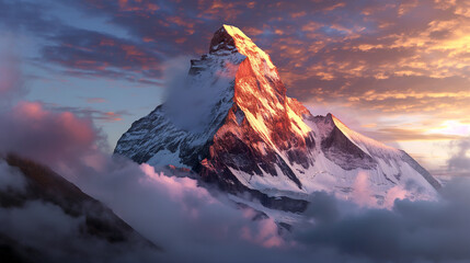 Sunrise Over Snow-Capped Mountain with Clouds