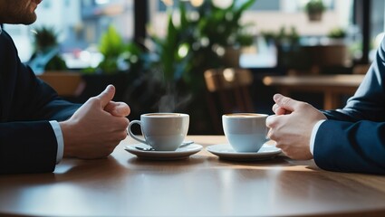 An Engaging Coffee Conversation: Two Individuals Share Thoughts Over Steaming Cups in a Cozy Cafe, Surrounded by Lush Greenery and a Warm, Inviting Atmosphere