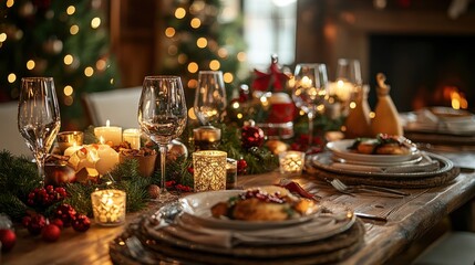 festive christmas dinner party with traditional decorations and joyful atmosphere, holiday-themed banner idea