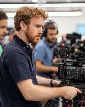 Focused filmmaker setting up equipment in a studio, showcasing dedication to cinematography and production skills.