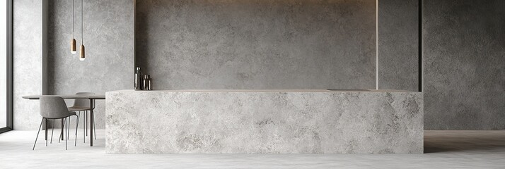 Modern Minimalist Kitchen with Concrete Island and Pendant Lamps, Concrete Wall and Floor Design,