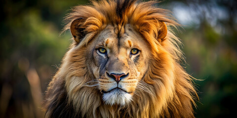 Fototapeta premium Close-up photo of a majestic lion with a fierce expression in the wild, lion, wildlife, animal, predator, safari