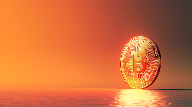 Golden Bitcoin Cryptocurrency with Minimalist Orange Backdrop