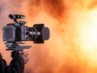 Fototapeta premium Professional video camera capturing stunning footage in a dramatic atmosphere with smoke and vibrant lighting.