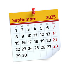 September Calendar 2025 in Spanish Language. Isolated on White Background. 3D Illustration