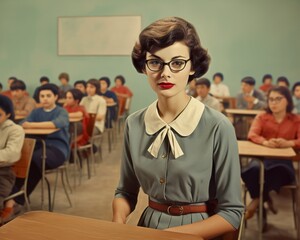 Retro portrait of a teacher in a classroom