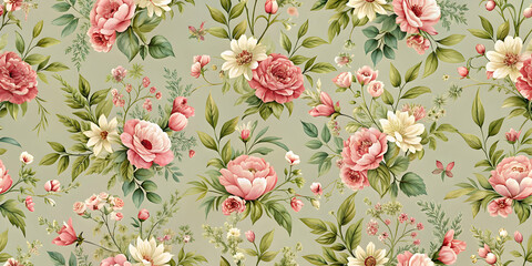 Vintage botanical flower seamless wallpaper with sage green and pink flowers, vintage, botanical, flower, seamless, wallpaper