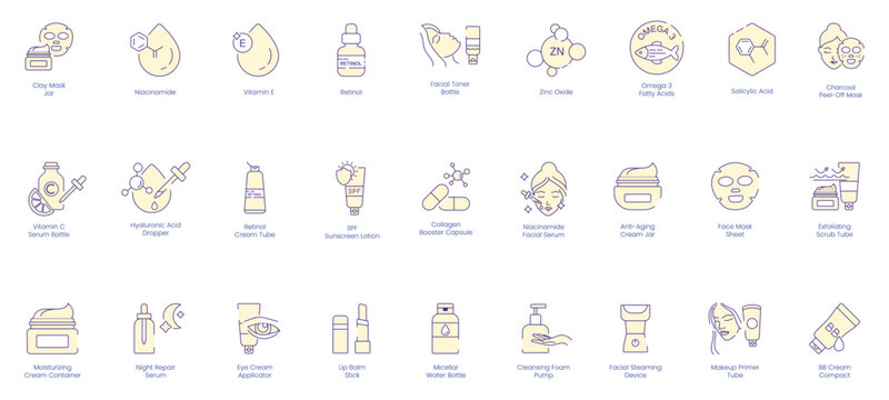 Facial Care Icons: Clay Mask Jar, Niacinamide, Vitamin E, Retinol, Facial Toner Bottle, Zinc Oxide, Omega-3 Fatty Acid, Salicylic Acid, Charcoal Peel-Off Mask, Vitamin C Serum Bottle, Hyaluronic Acid 