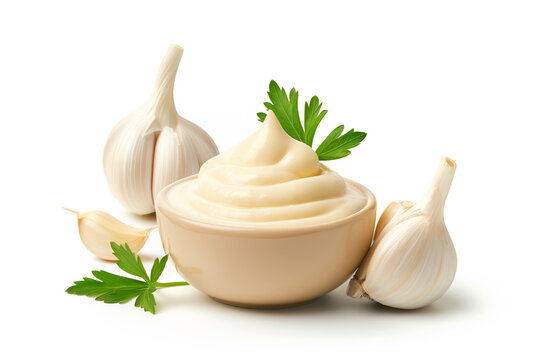 A smooth, creamy garlic mayonnaise garnished with fresh green herbs, making it perfect for dips or sauces